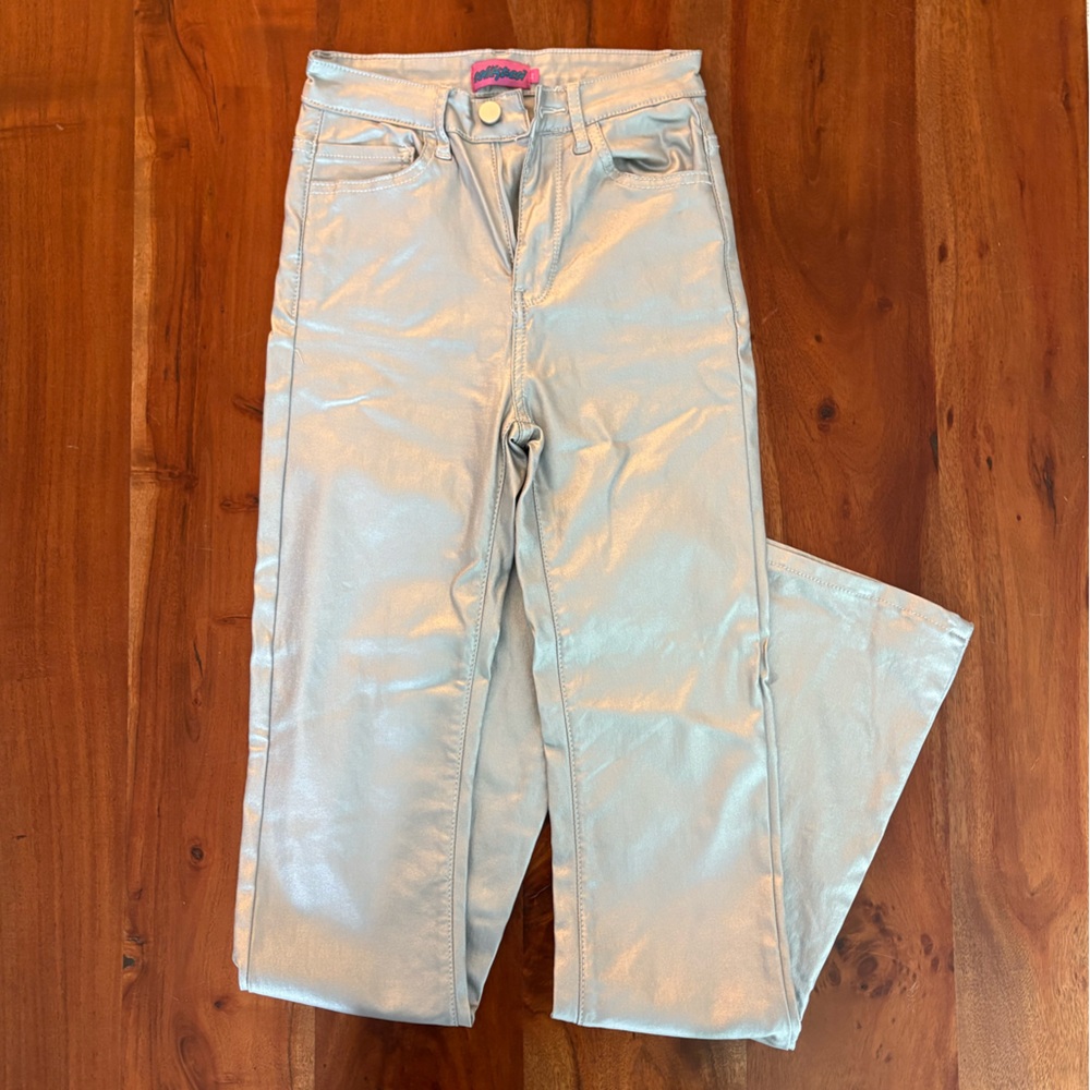 Edikted Luna Faux Leather Flare Metallic Silver Pants size Extra Small